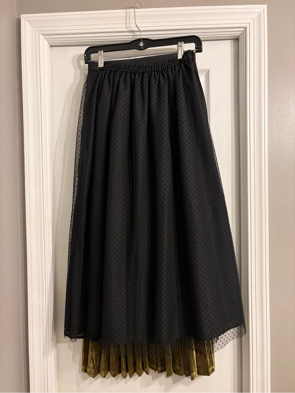 J. Crew Factory Black Midi Skirt with Gold Pleated Underlayer